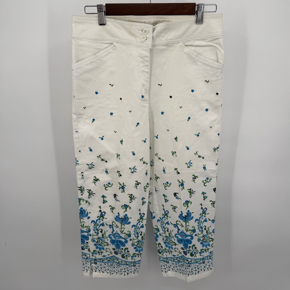 Vtg Bill Blass Womens 6 Jeans Capri Pants White Blue Floral Border Print Stretch